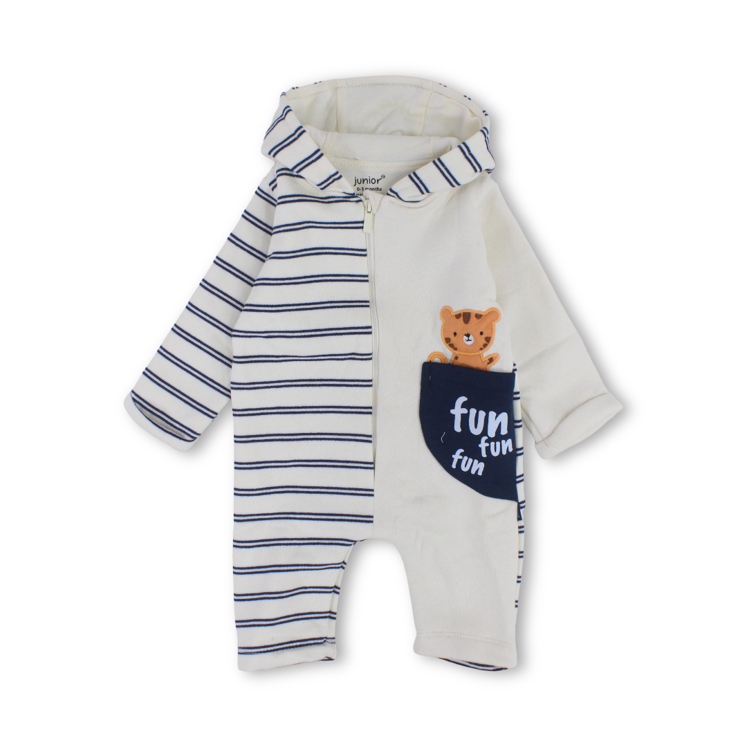 Baby Boys Cotton Hooded Baby Footie – Off-White with “Fun“ Print