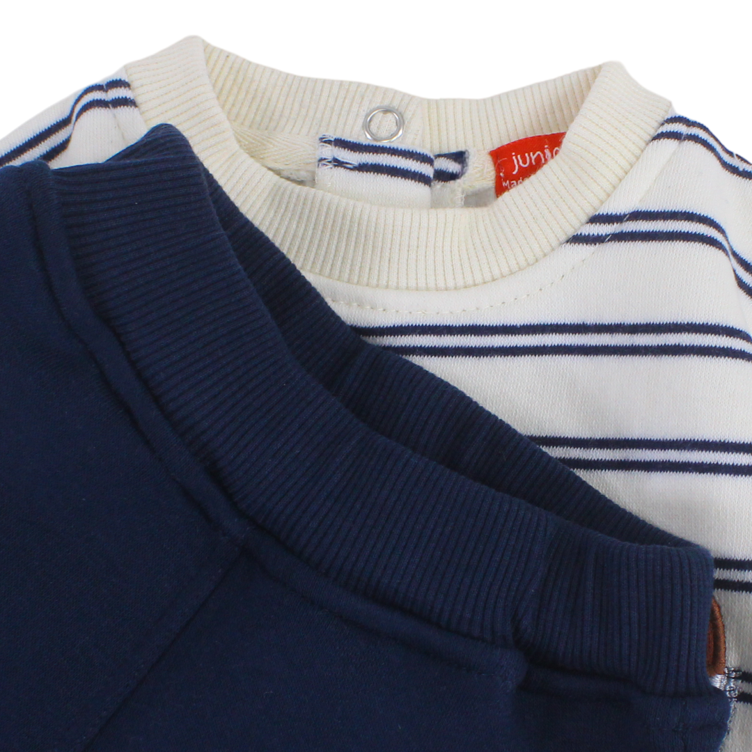 Baby Boys Cotton Pajama – Striped Off-White with Animals Embroidery