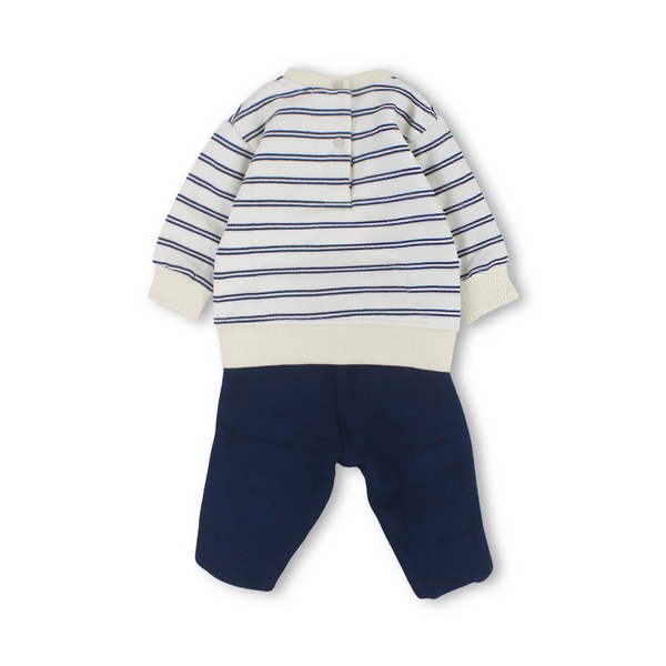 Baby Boys Cotton Pajama – Striped Off-White with Animals Embroidery