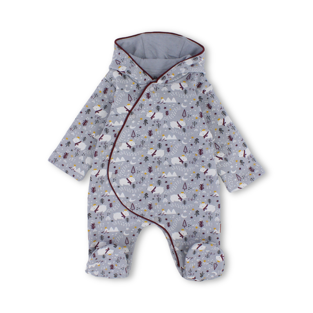 Baby Boys Cotton Hooded Baby Footie – Grey with Polar Bears Print