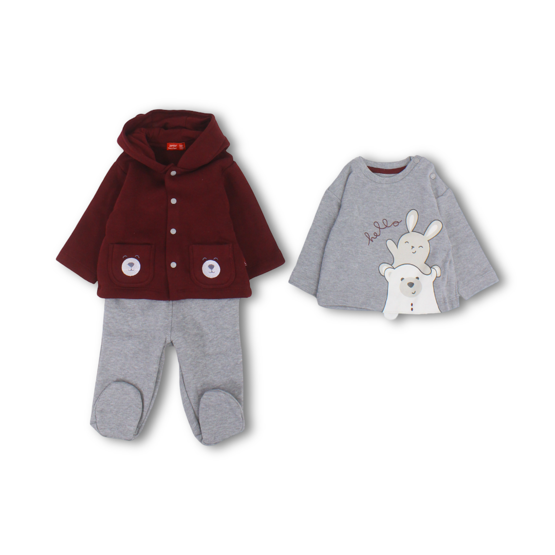 Baby Boys Cotton Hooded 3-Piece Pajama – Burgundy & Grey with Polar Bears Print