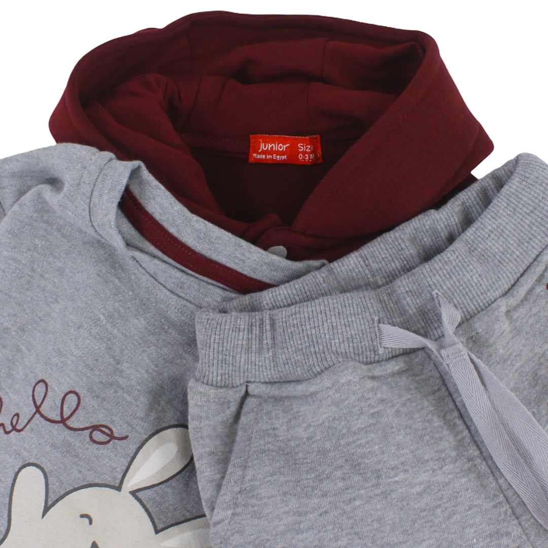 Baby Boys Cotton Hooded 3-Piece Pajama – Burgundy & Grey with Polar Bears Print