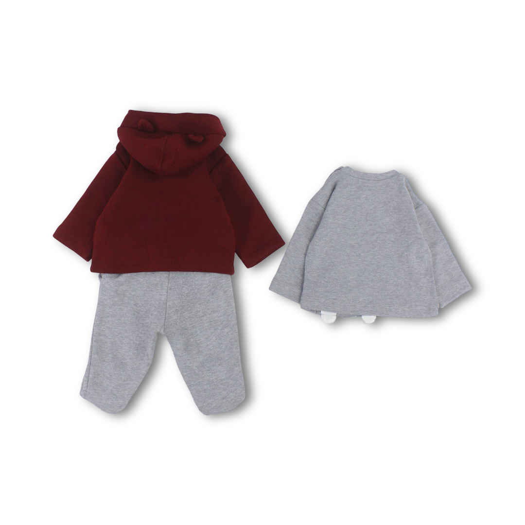 Baby Boys Cotton Hooded 3-Piece Pajama – Burgundy & Grey with Polar Bears Print