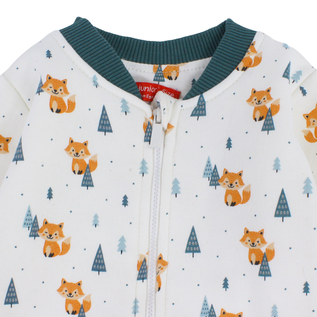 Baby Boys Cotton Baby Footie – Off-White with Fox Print