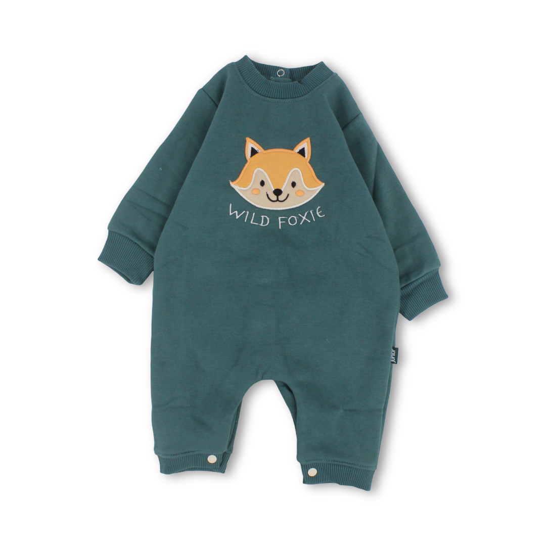 Baby Boys Cotton Footless Onesie – Teal with Fox Embroidery