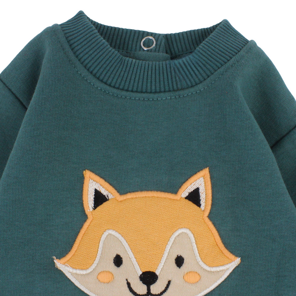 Baby Boys Cotton Footless Onesie – Teal with Fox Embroidery