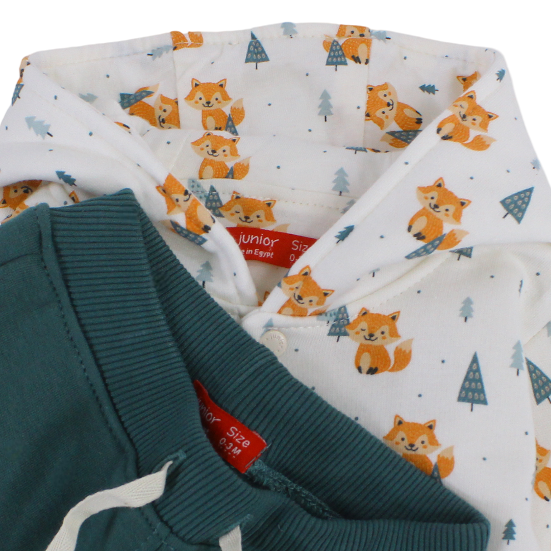Baby Boys Cotton Hooded Pajama – Off-White with Fox Print