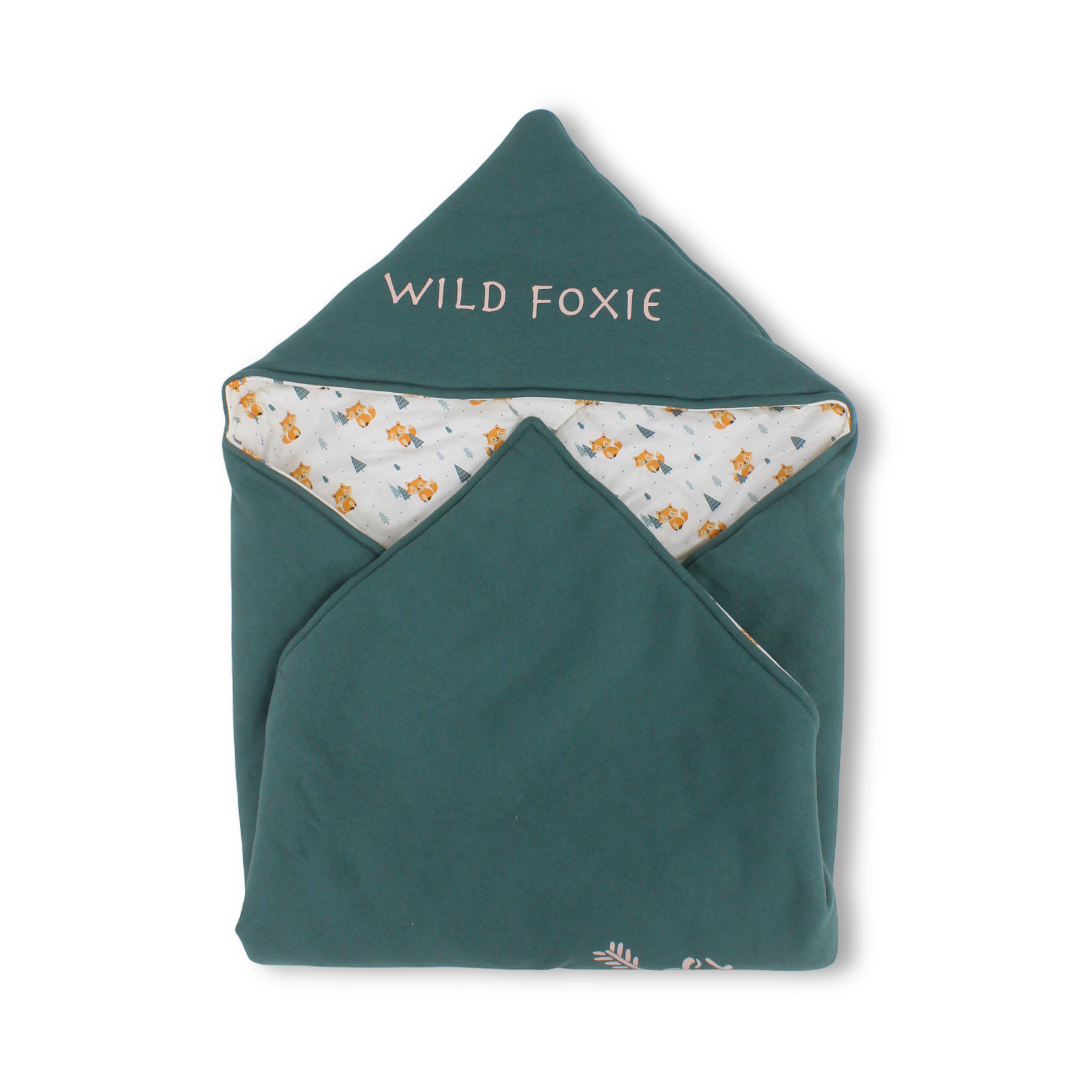 Cotton Baby Blanket – Teal with "Wild Foxie" Embroidery