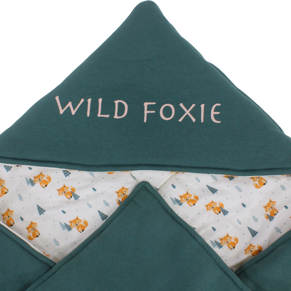 Cotton Baby Blanket – Teal with "Wild Foxie" Embroidery