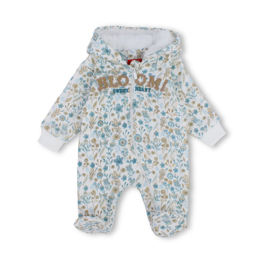 Baby Boys Cotton Hooded Baby Footie – Off-White with “Bloom“ Embroidery