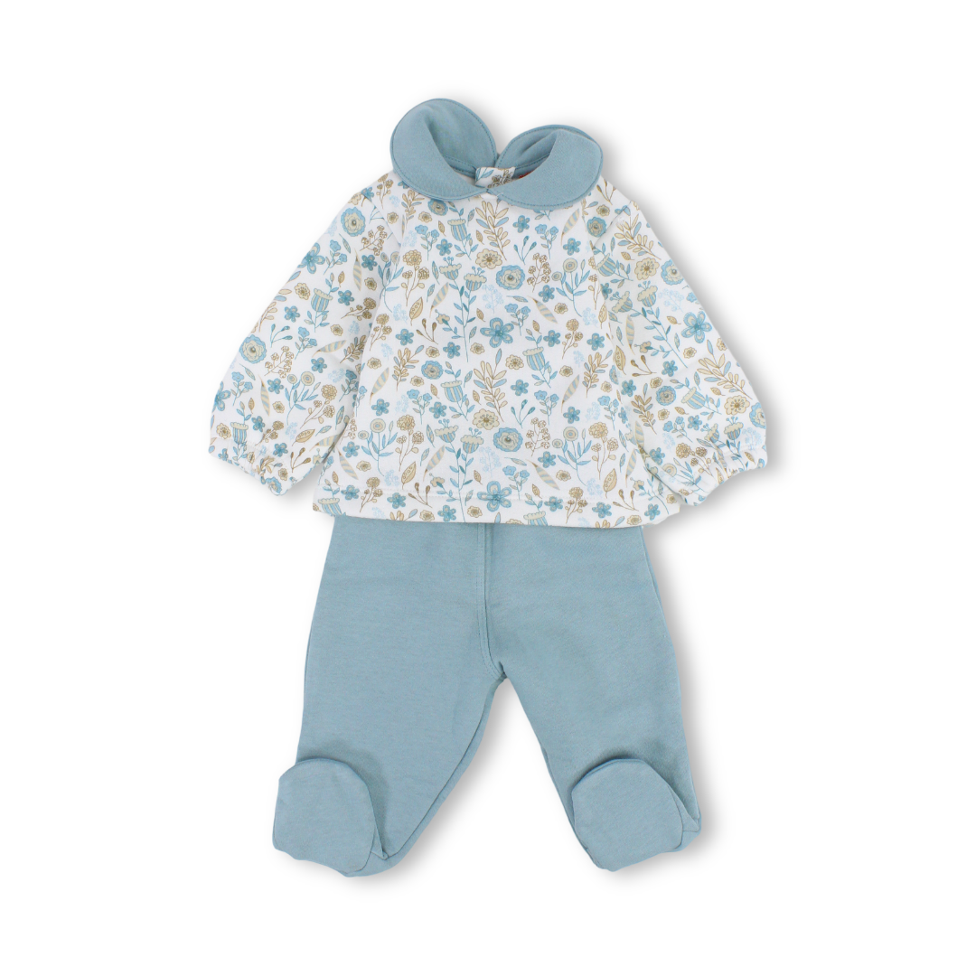 Baby Girls Cotton Pajama – Off-White & Mint with Flowers Print