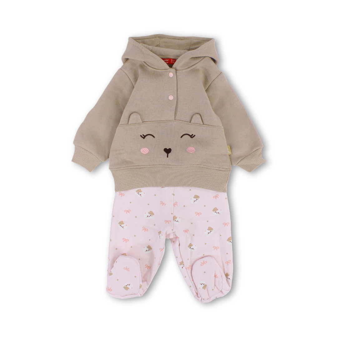 Baby Girls Cotton Hooded Pajama – Beige with Cat Design