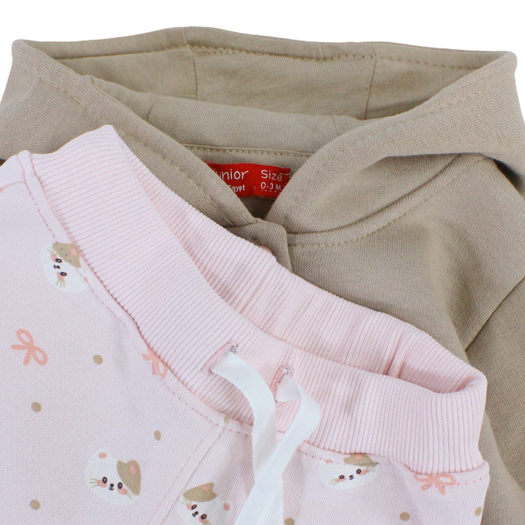 Baby Girls Cotton Hooded Pajama – Beige with Cat Design