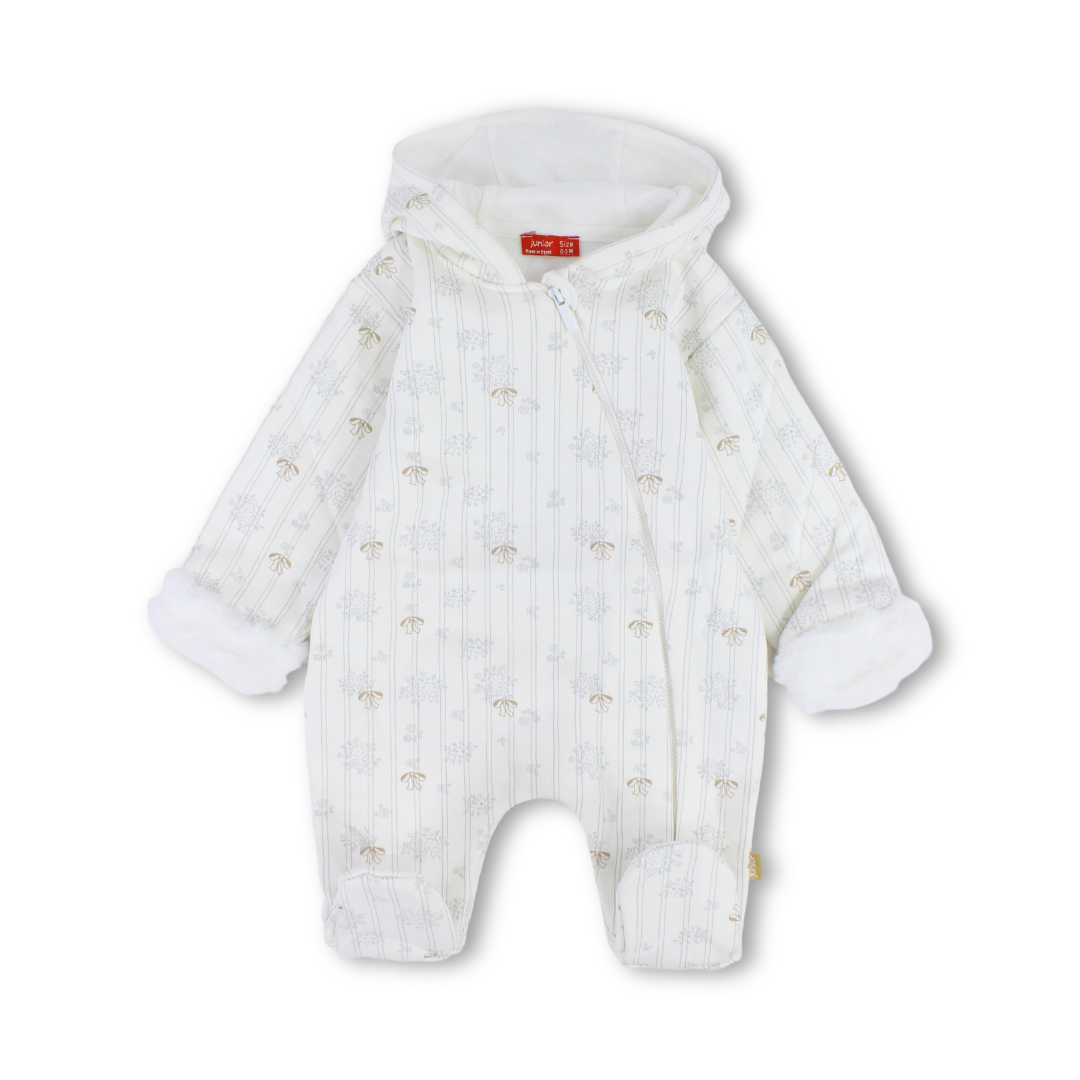 Baby Girls Cotton Hooded Onesie – Off-White with Flowers Print