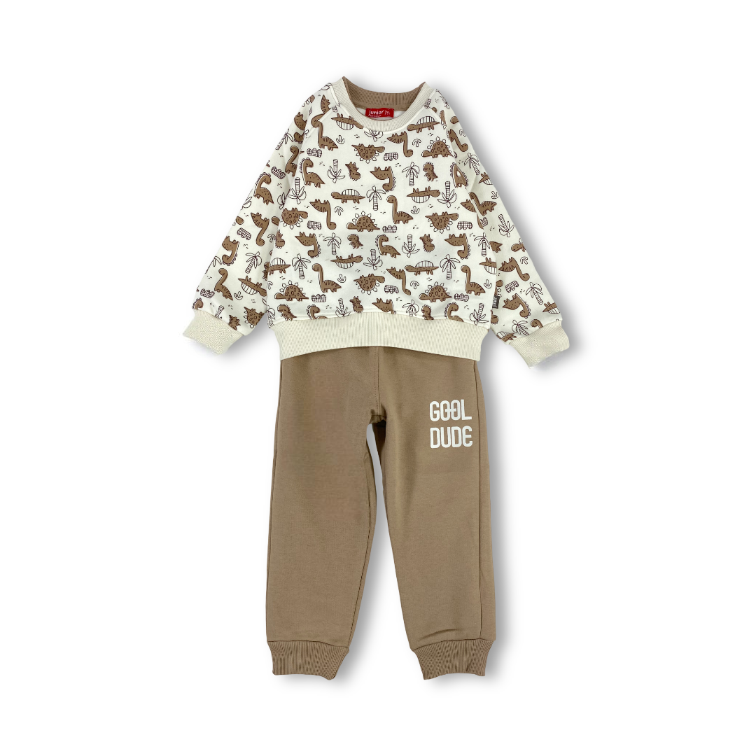 Boys Cotton Pajama – Off-White & Beige with Dino Print