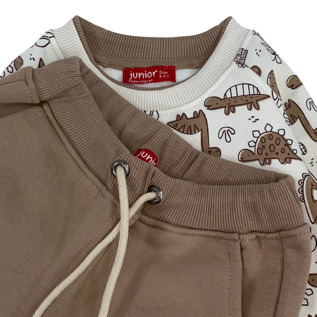 Boys Cotton Pajama – Off-White & Beige with Dino Print