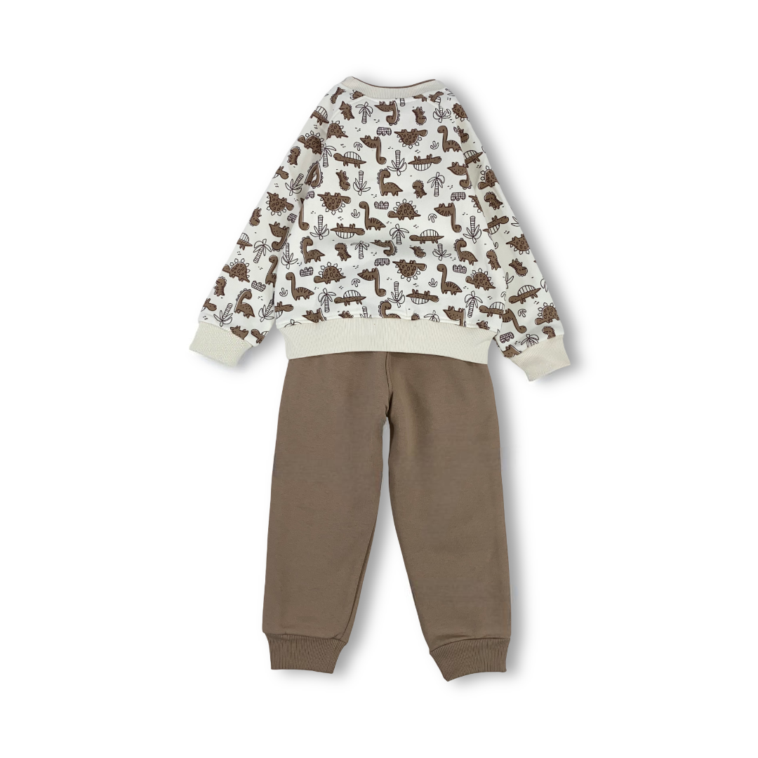 Boys Cotton Pajama – Off-White & Beige with Dino Print