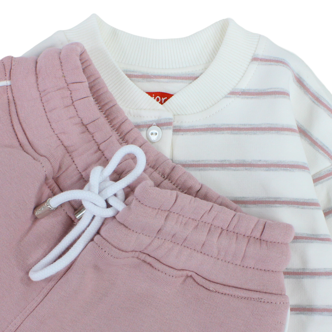 Girls Cotton Pajama – Striped Off-White & Pink