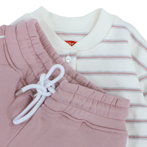 Girls Cotton Pajama – Striped Off-White & Pink