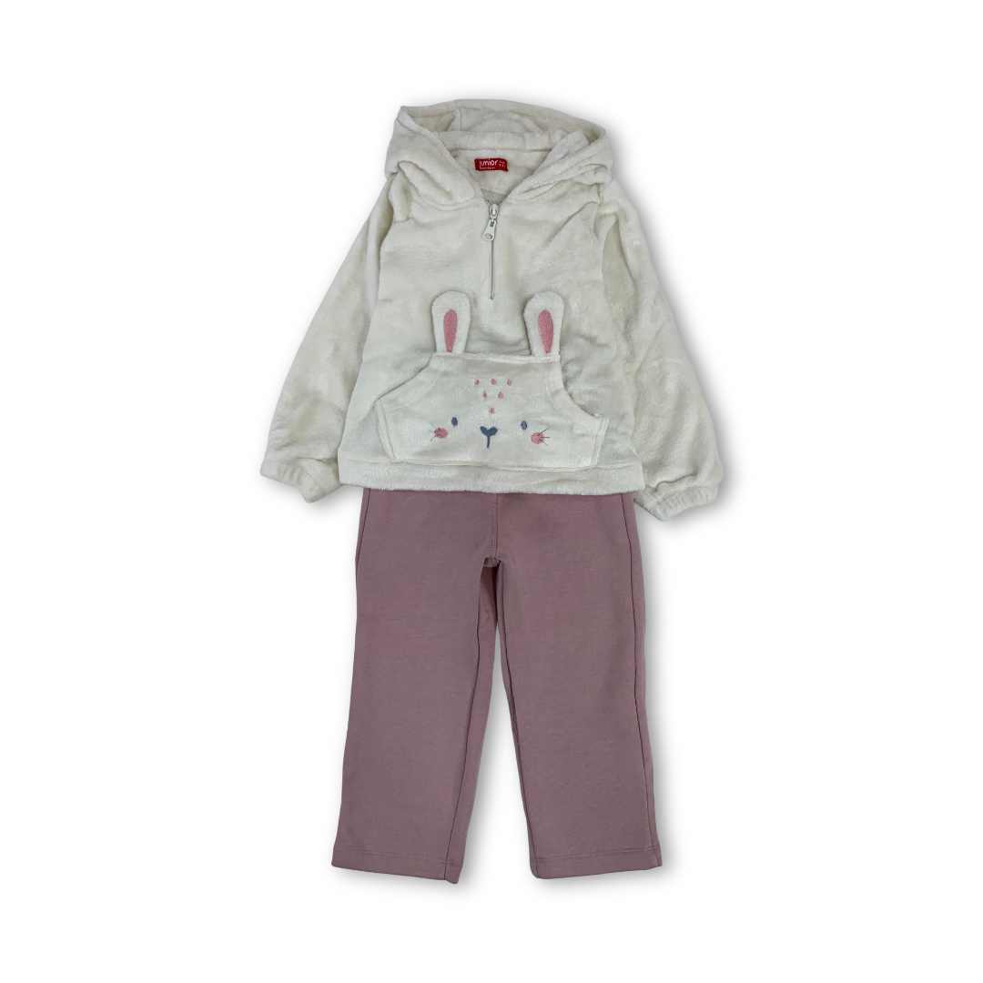Girls Cotton Hooded Pajama – Off-White & Dusty Pink with Rabbit Design