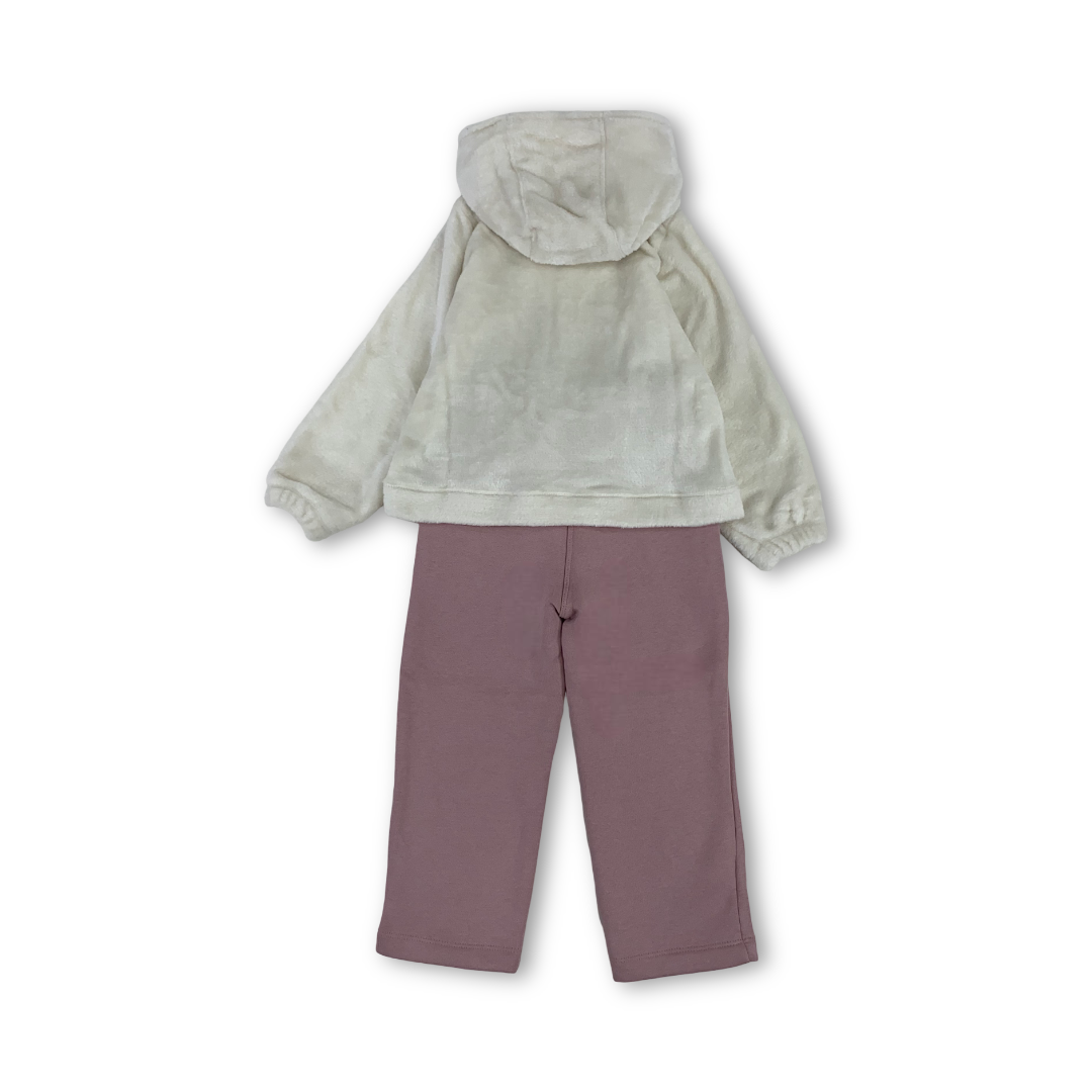 Girls Cotton Hooded Pajama – Off-White & Dusty Pink with Rabbit Design