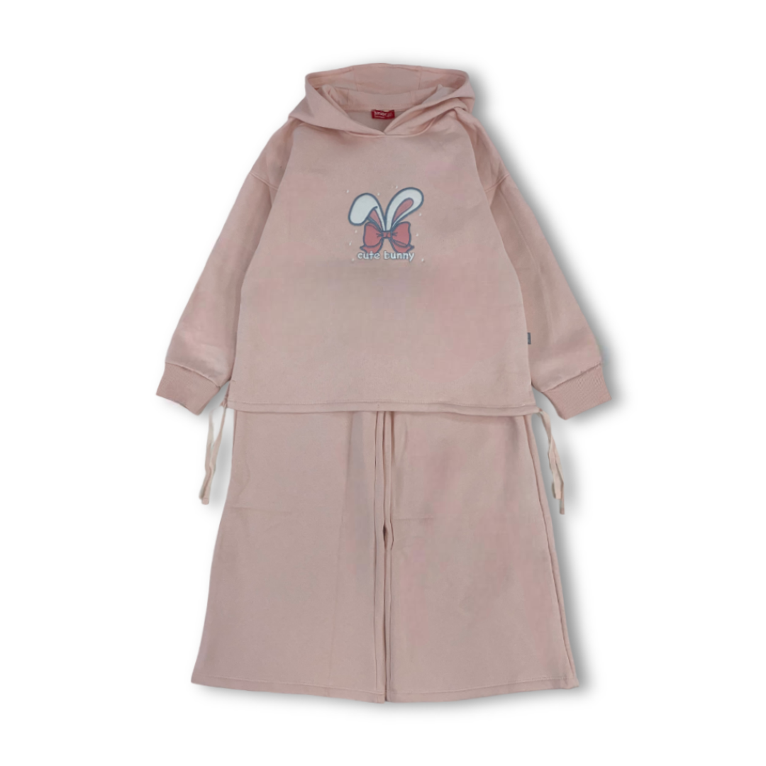 Girls Cotton Hooded Pajama – Pink with "Cute Bunny" Print
