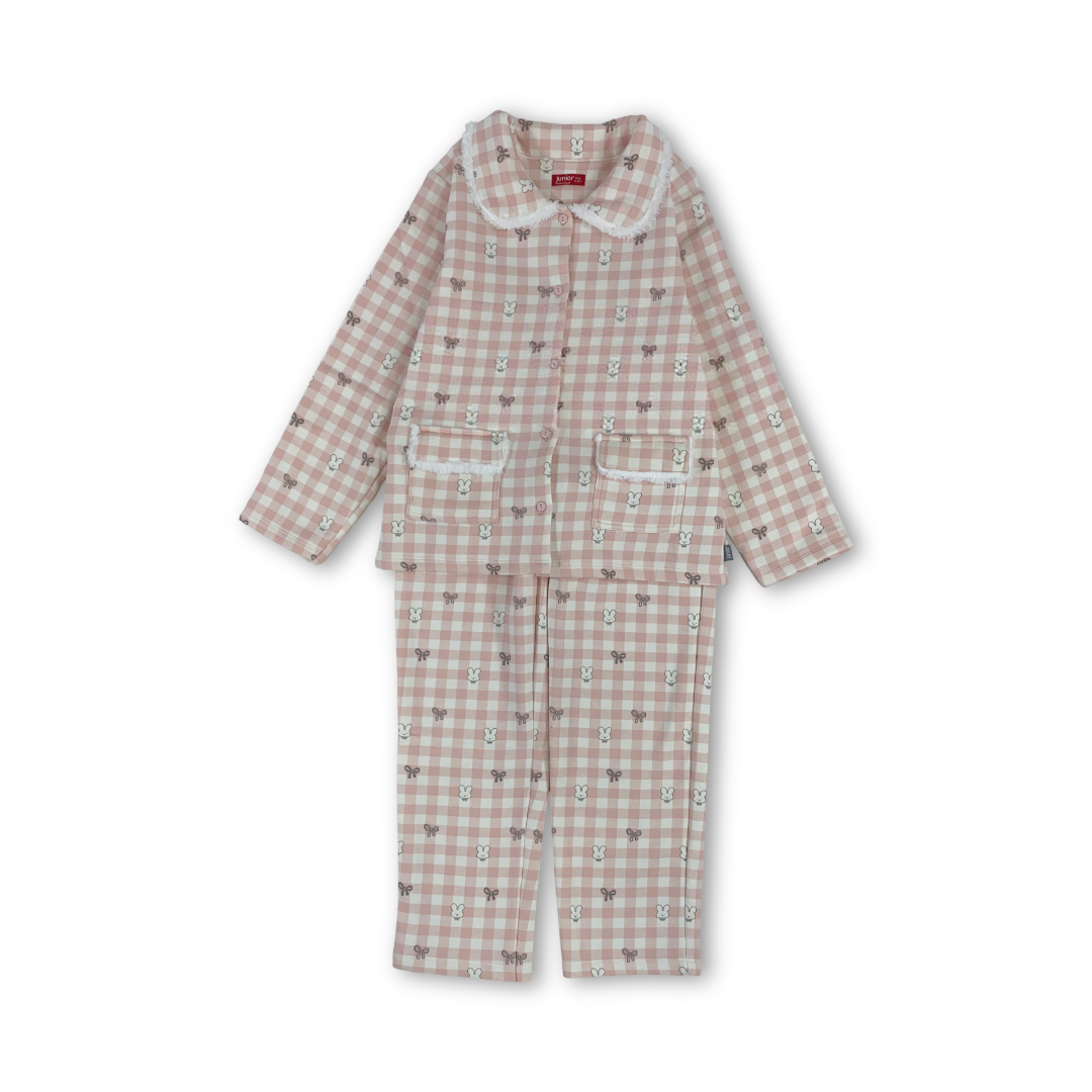 Girls Cotton Pajama – Checkered Pink with Bunny Print