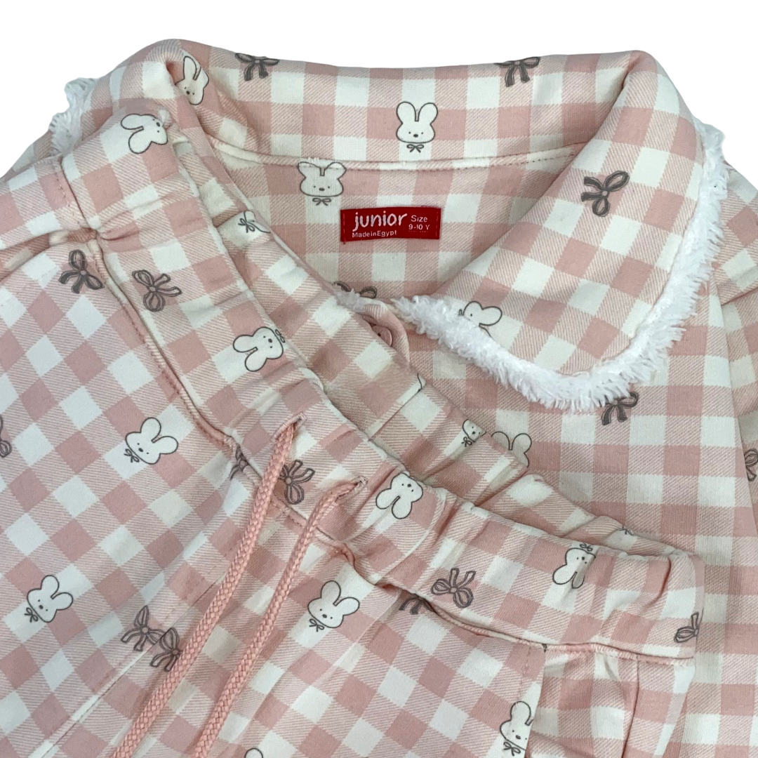 Girls Cotton Pajama – Checkered Pink with Bunny Print