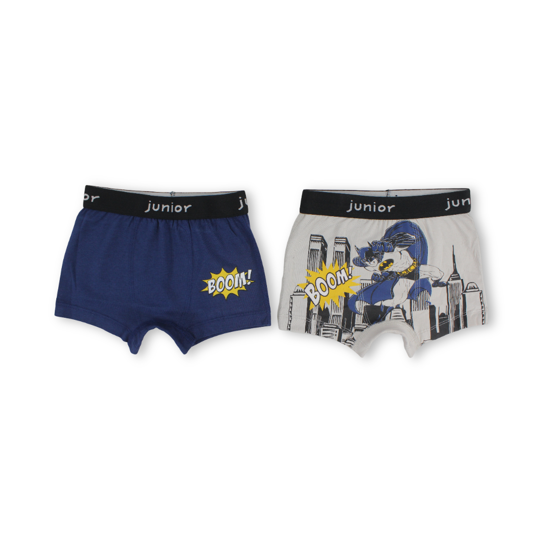 Boys Cotton Boxer Shorts – Navy & Grey with Batman Print (Pack Of 2)