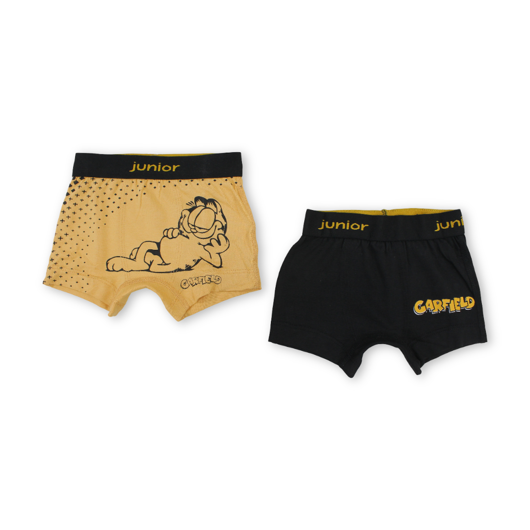 Boys Cotton Boxer Shorts – Yellow & Black with Garfield Print (Pack Of 2)
