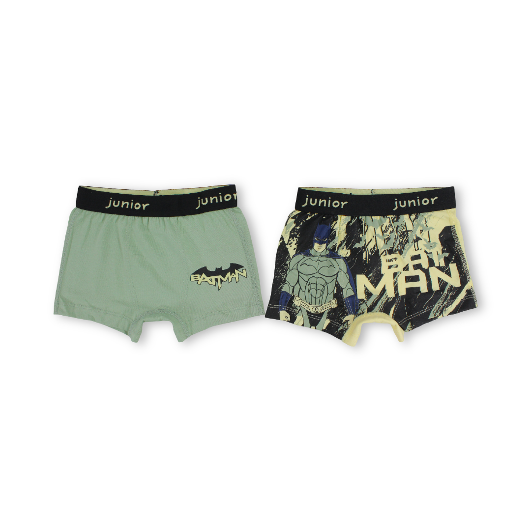 Boys Cotton Boxer Shorts – Olive & Yellow with Batman Print (Pack Of 2)