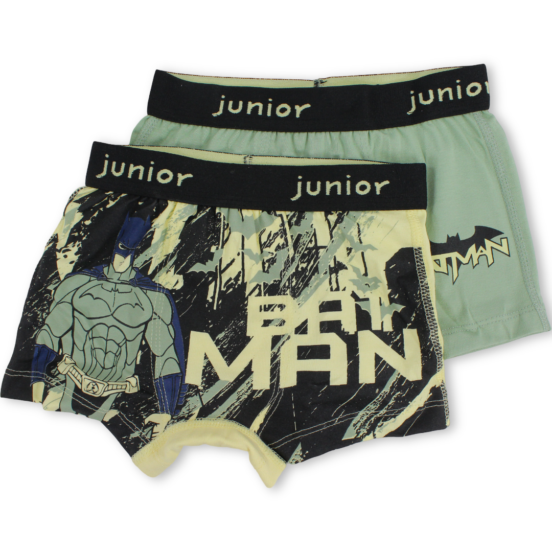 Boys Cotton Boxer Shorts – Olive & Yellow with Batman Print (Pack Of 2)