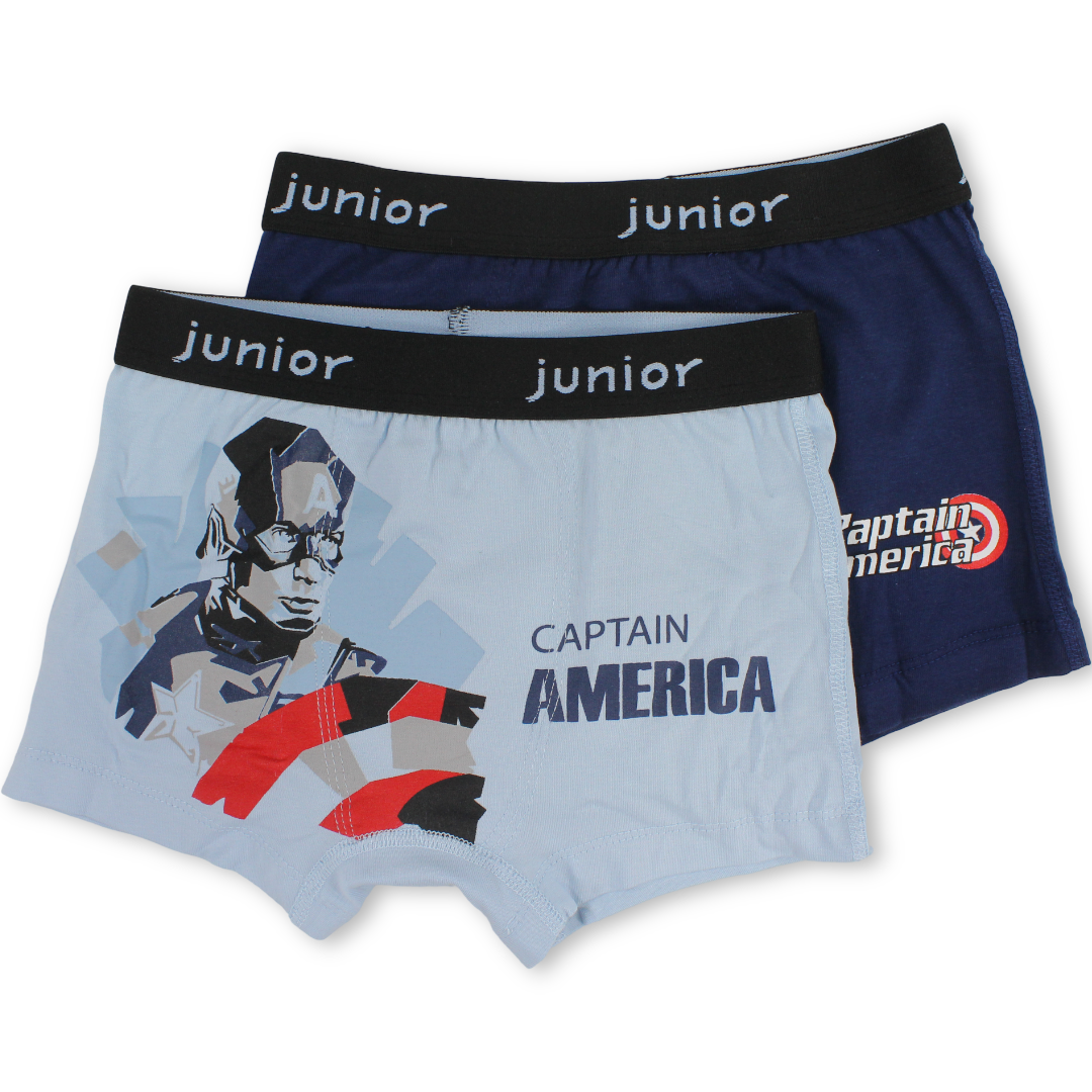Boys Cotton Boxer Shorts – Navy & Baby Blue with Captain America Print (Pack Of 2)