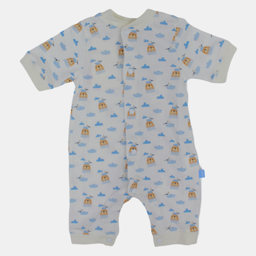 Baby Boys' Cotton Romper – Off-White Sea Lion Design