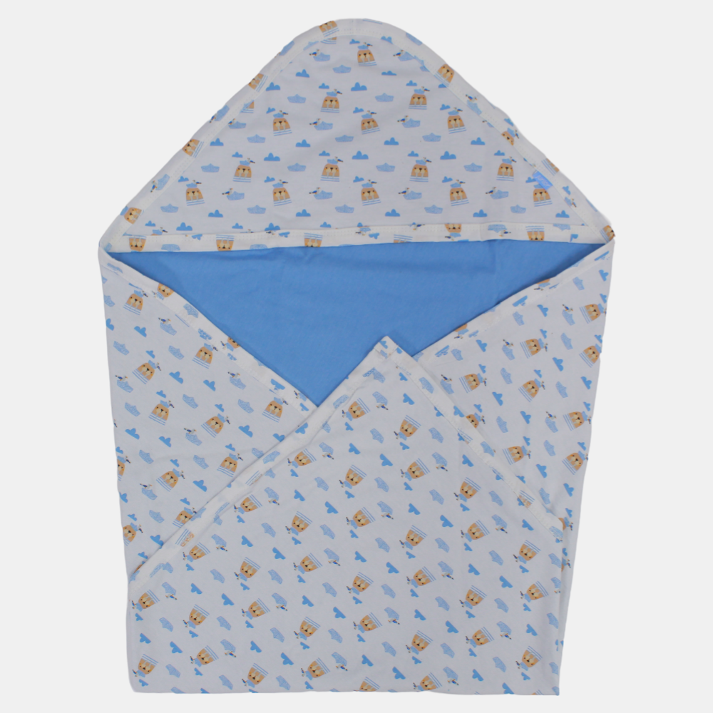 Baby Boys' Cotton Blanket – White & Blue Sea Lion Design