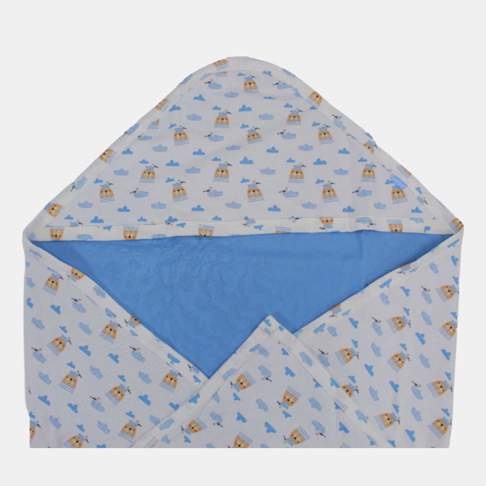 Baby Boys' Cotton Blanket – White & Blue Sea Lion Design