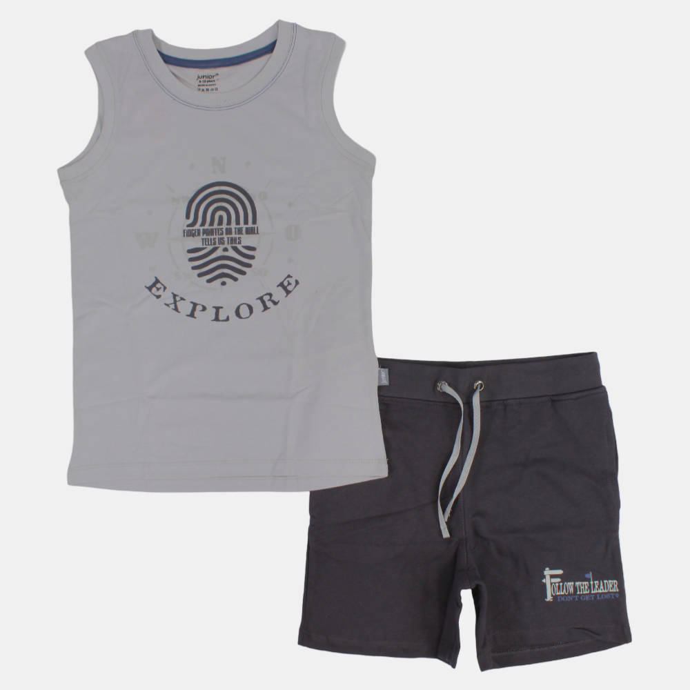 Boys Sleeveless Cotton Pajama Set – Grey (Explore Theme)