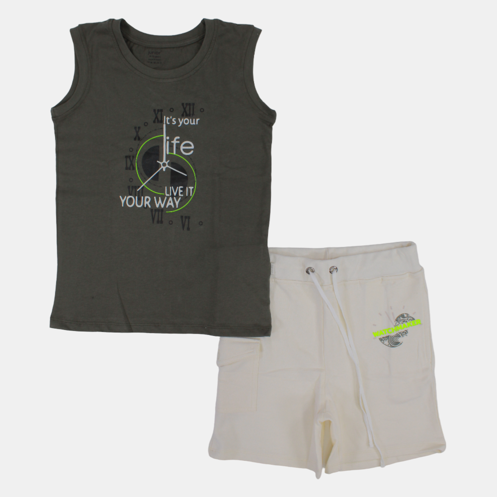 Boys Sleeveless Cotton Pajama Set – Olive Green (Clock Theme)