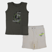 Boys Sleeveless Cotton Pajama Set – Olive Green (Clock Theme)