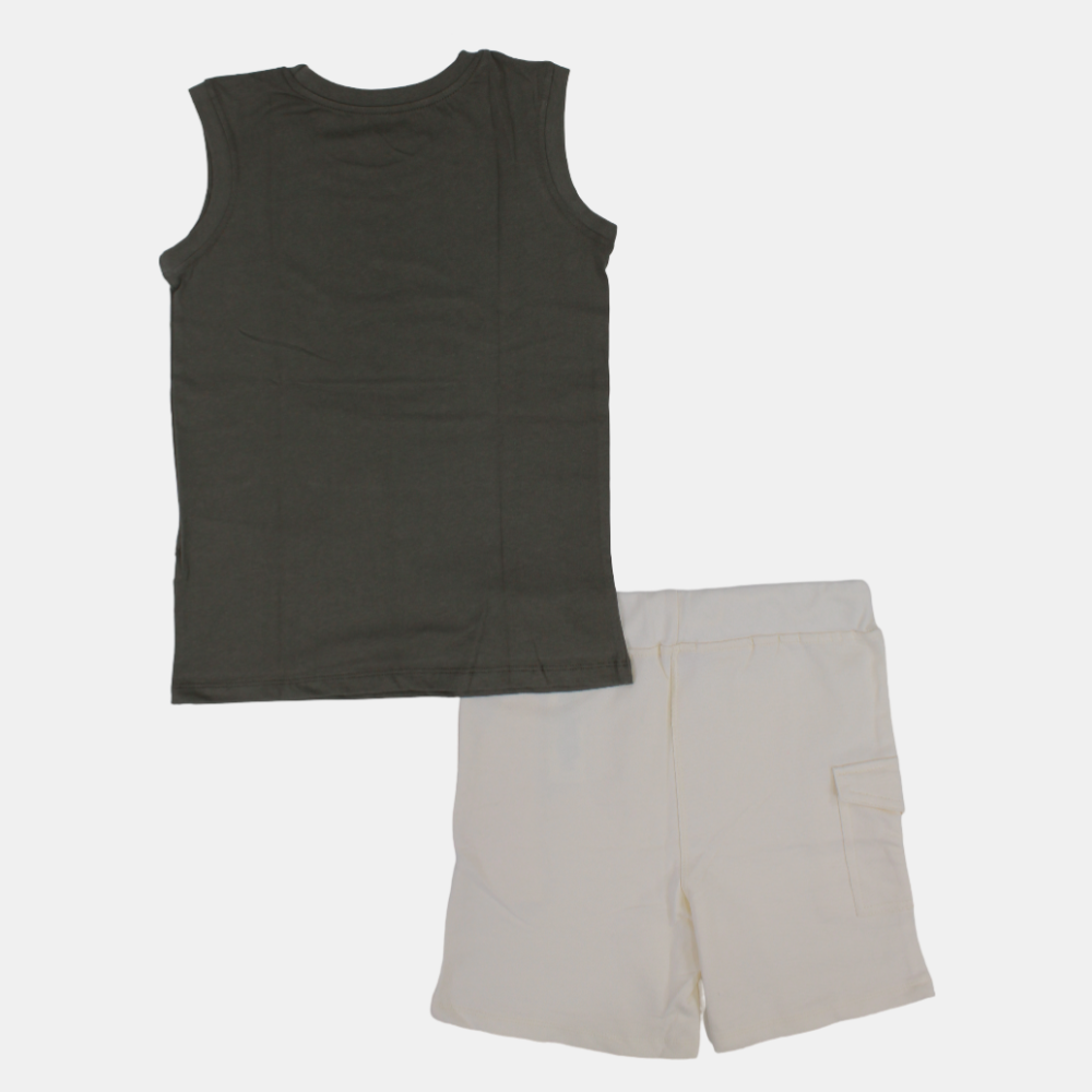 Boys Sleeveless Cotton Pajama Set – Olive Green (Clock Theme)