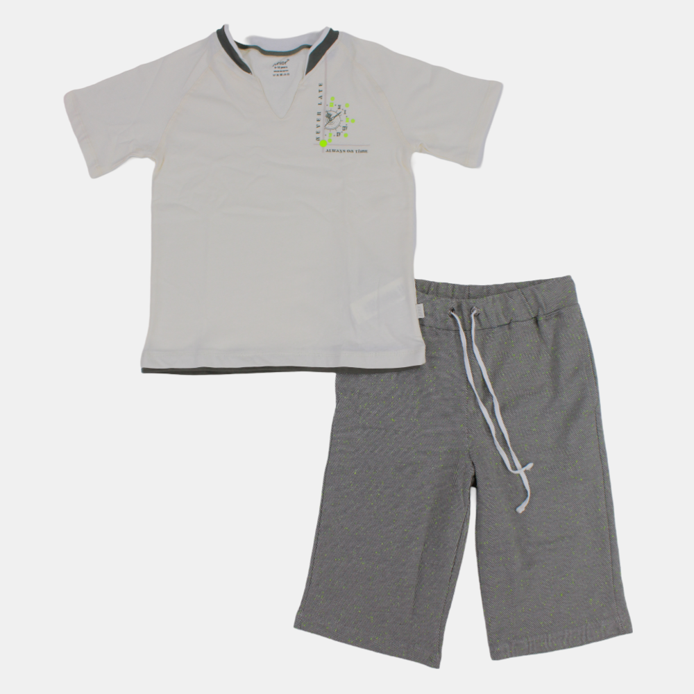 Boys Short-Sleeved Cotton Pajama Set – (Off-White/Grey)