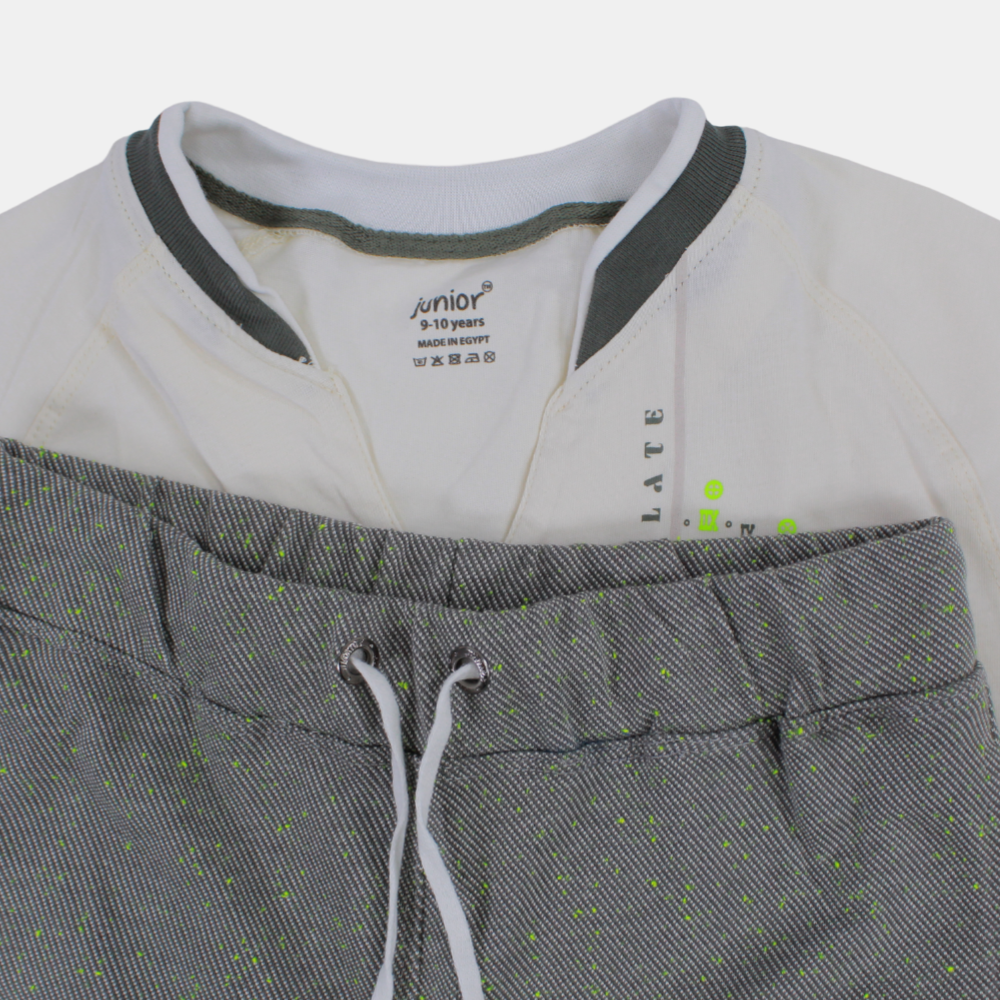 Boys Short-Sleeved Cotton Pajama Set – (Off-White/Grey)