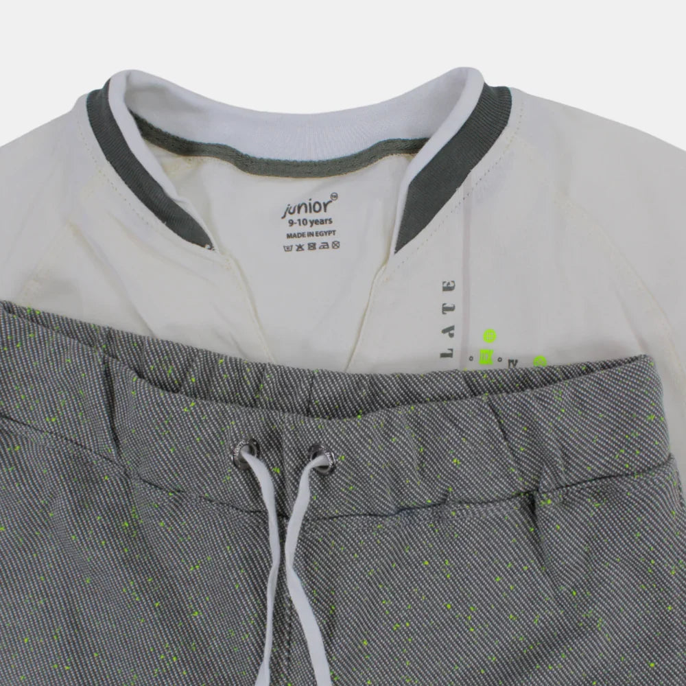 Boys Short-Sleeved Cotton Pajama Set – (Off-White/Grey)