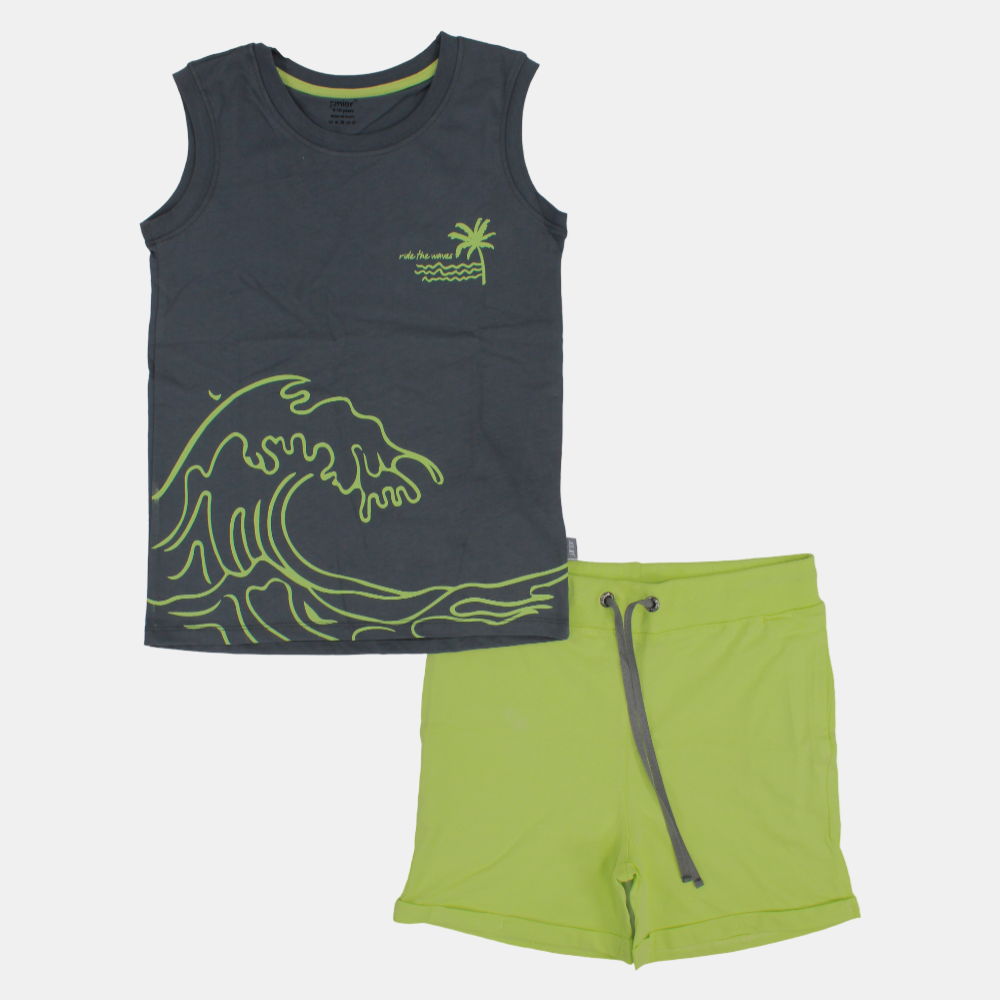 Boys Sleeveless Cotton Pajama Set – Grey/Green (Palm Tree Theme)