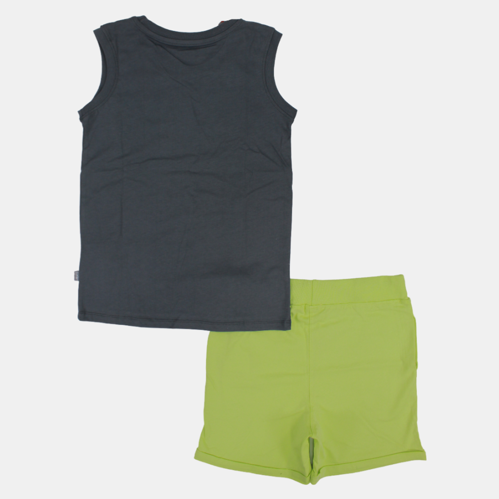 Boys Sleeveless Cotton Pajama Set – Grey/Green (Palm Tree Theme)