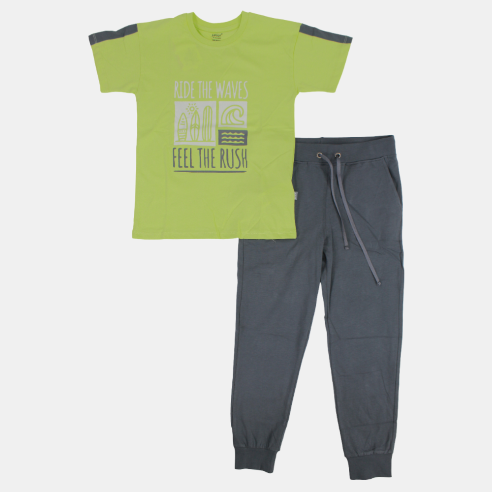 Boys Short-Sleeved Cotton Pajama Set – Lemon Green/Grey (Ride the Waves Theme)