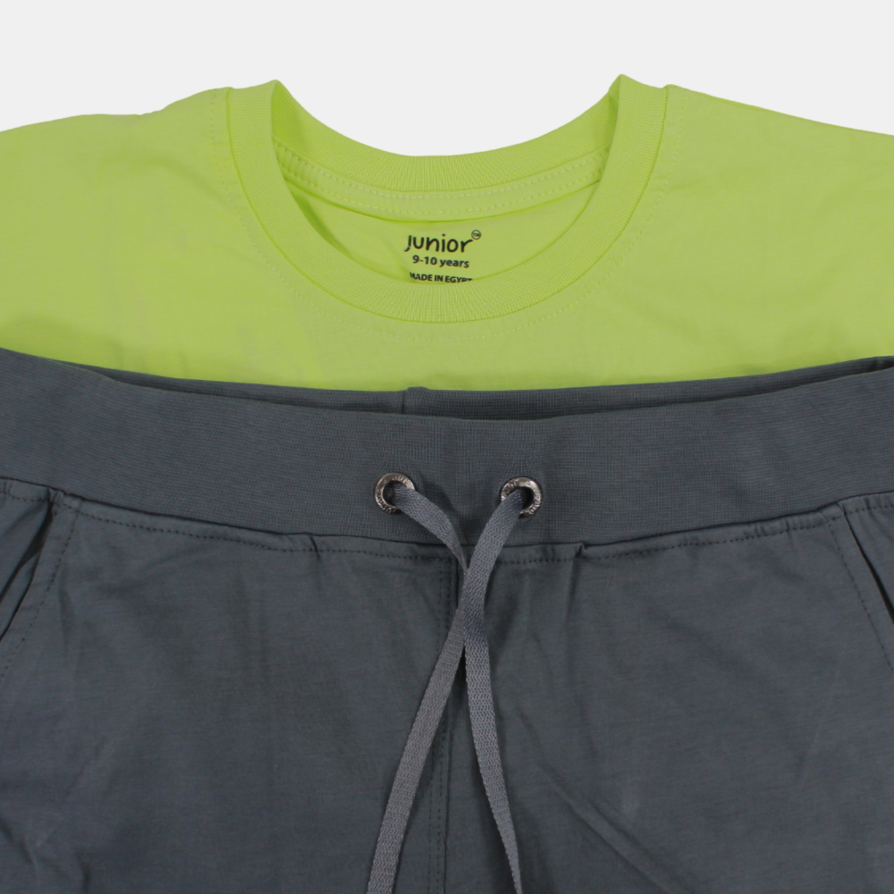 Boys Short-Sleeved Cotton Pajama Set – Lemon Green/Grey (Ride the Waves Theme)