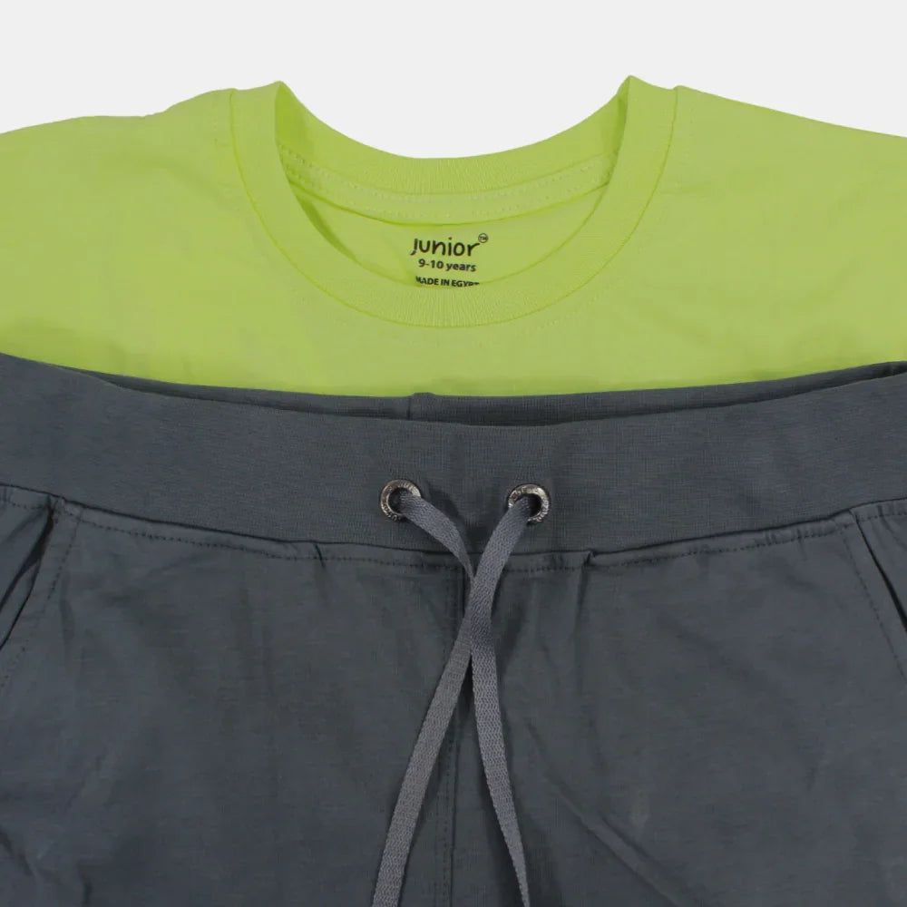 Boys Short-Sleeved Cotton Pajama Set – Lemon Green/Grey (Ride the Waves Theme)