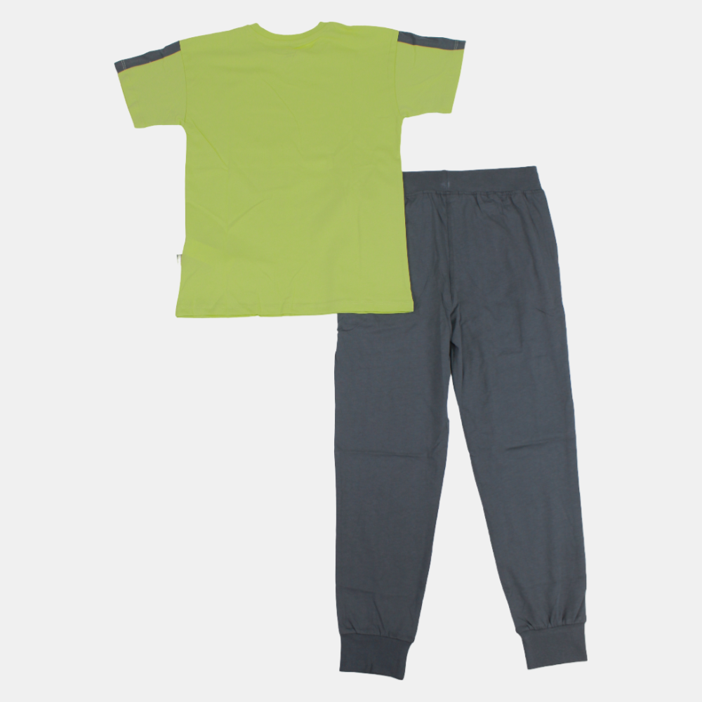 Boys Short-Sleeved Cotton Pajama Set – Lemon Green/Grey (Ride the Waves Theme)
