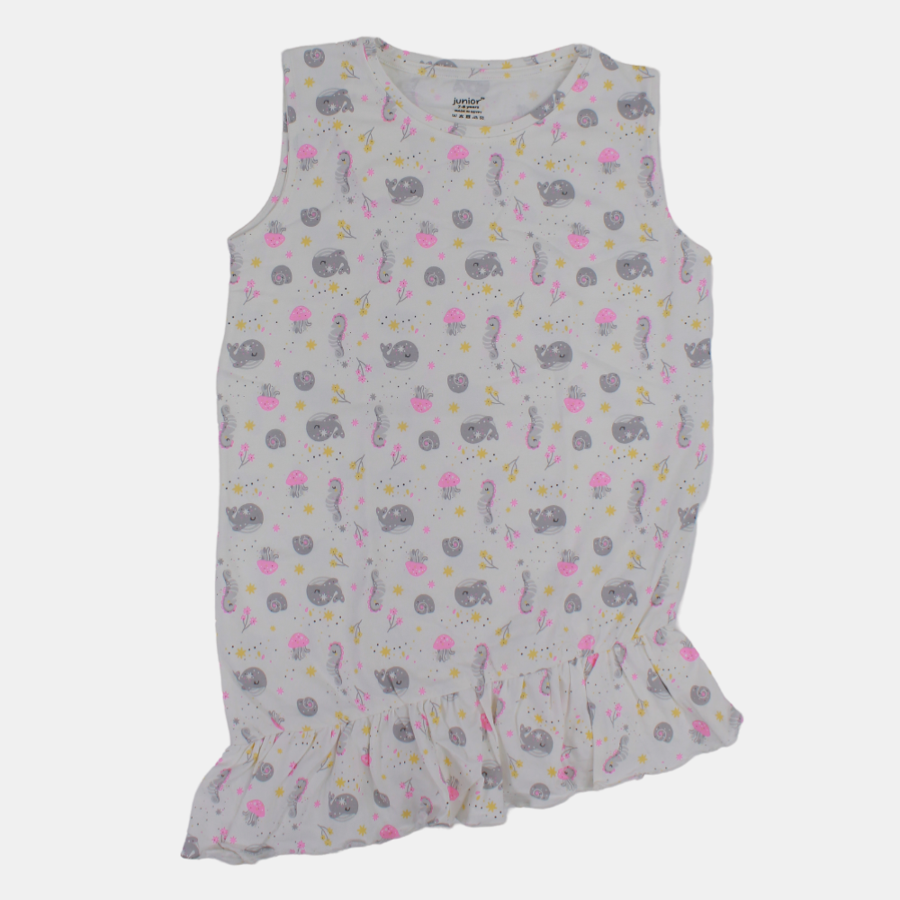 Girls Sleeveless Cotton Nightgown – Off-White (Under the Sea Theme)
